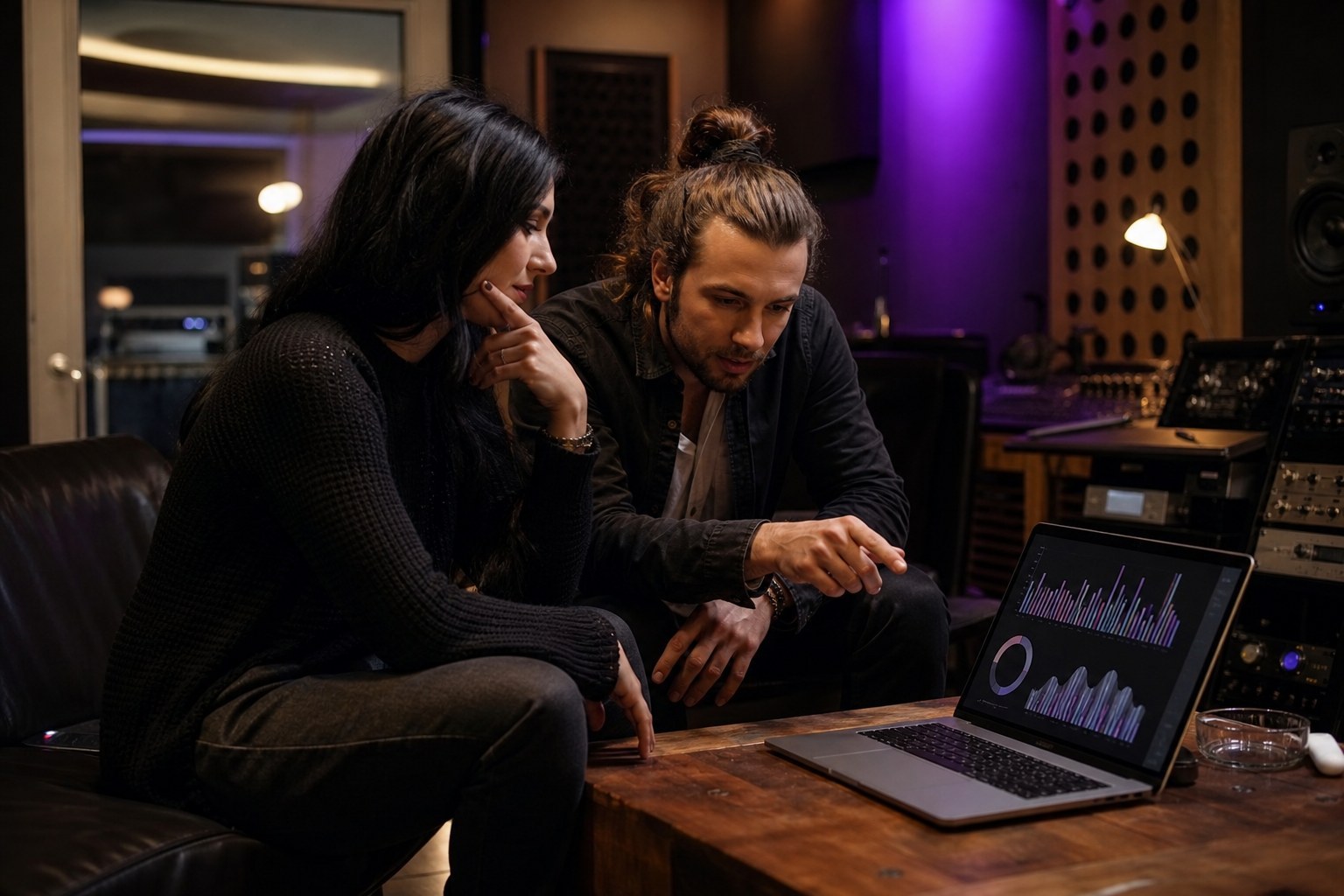 Artist and collaborator reviewing a campaign plan in a recording studio