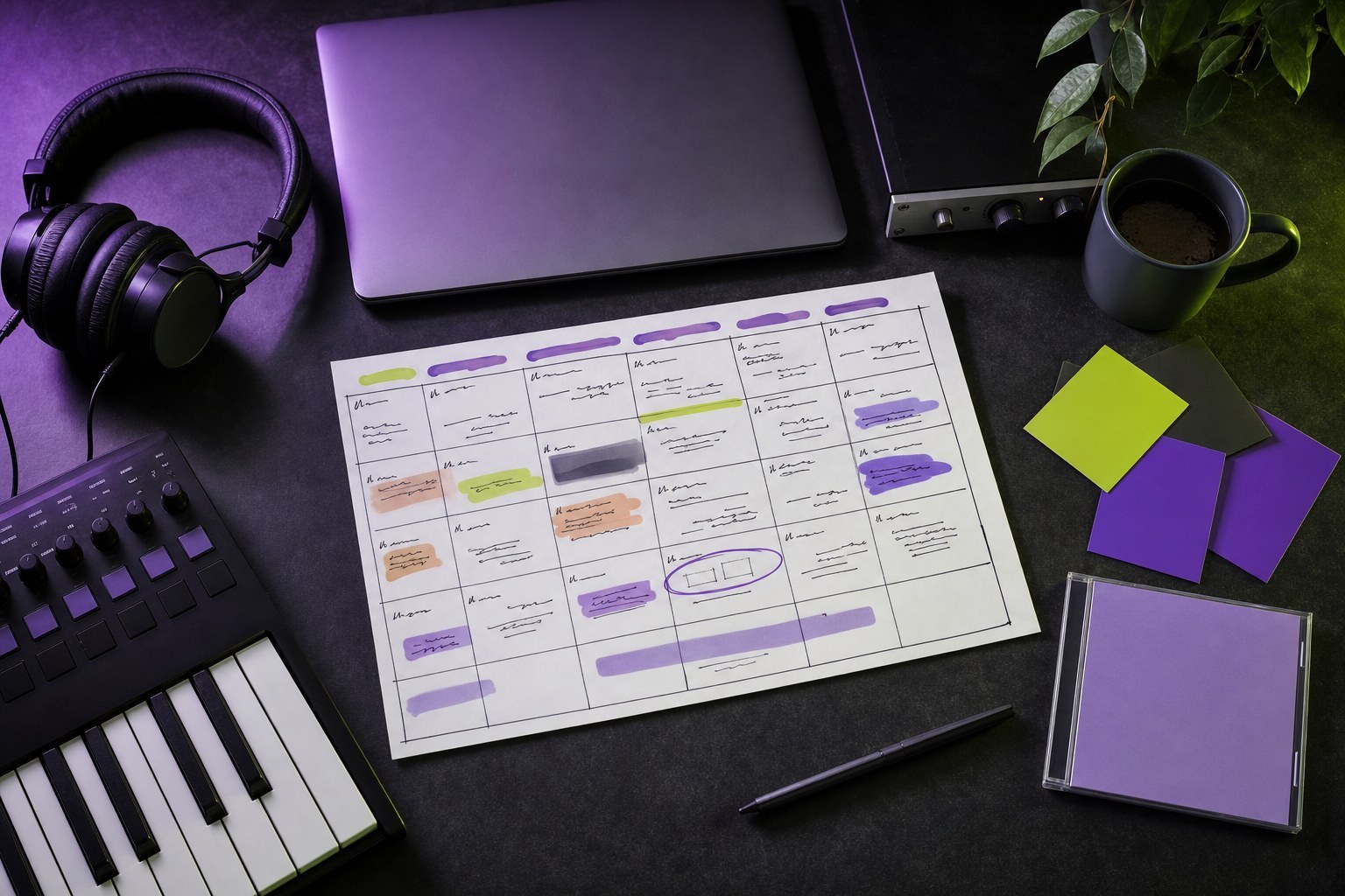 Campaign planning materials, headphones, and a blank release cover on a studio desk