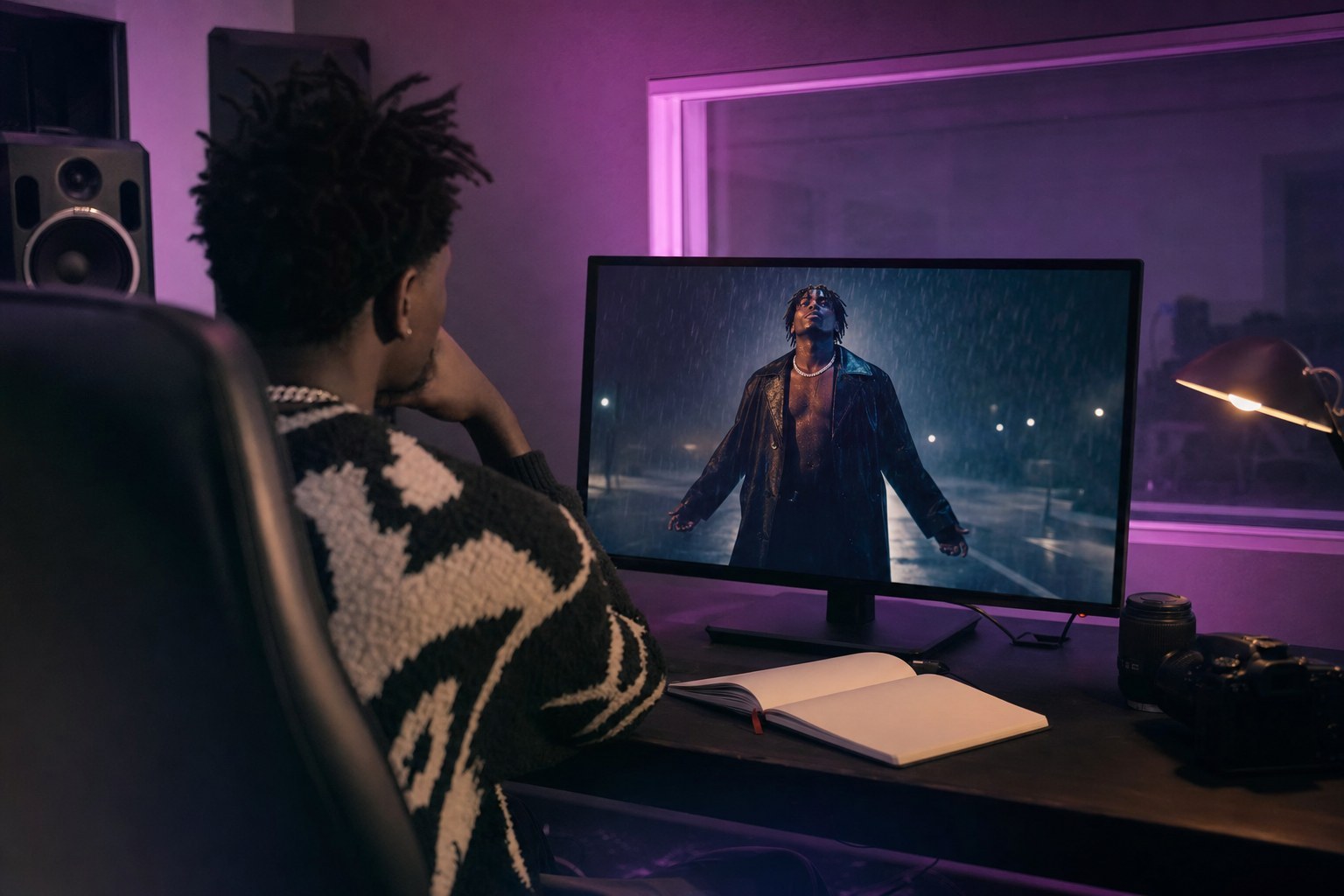 Independent artist reviewing a music video on a studio monitor