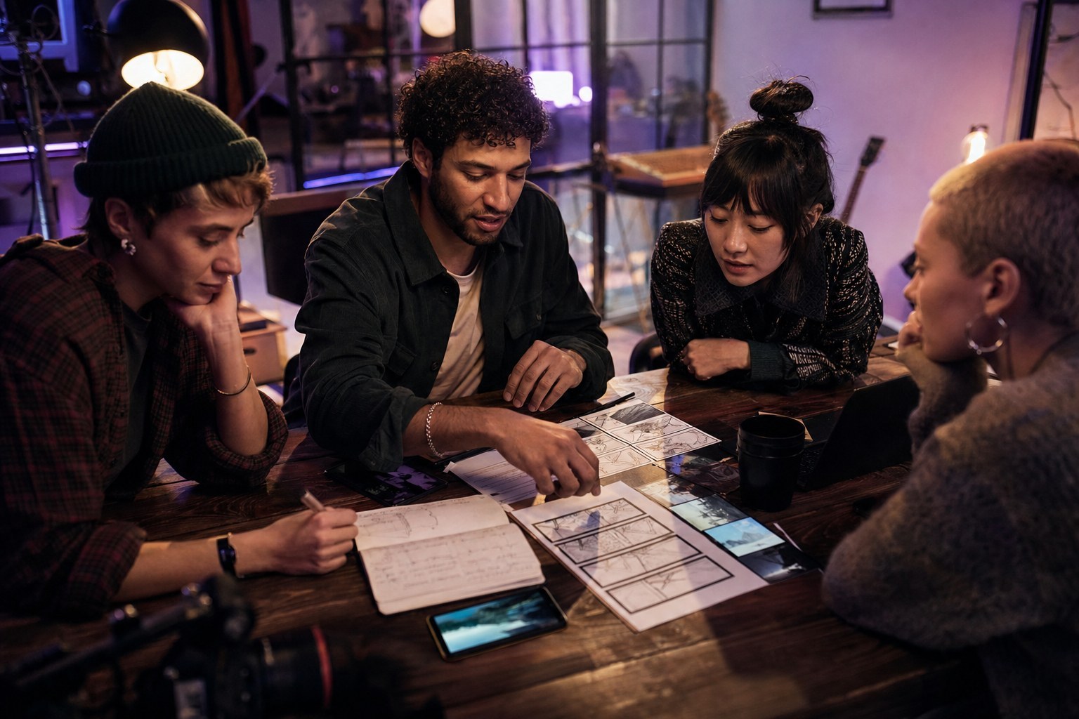 Creative team planning a music video release with camera and storyboard materials