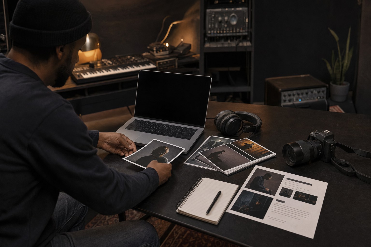 Independent musician assembling press-kit materials at a recording-studio desk