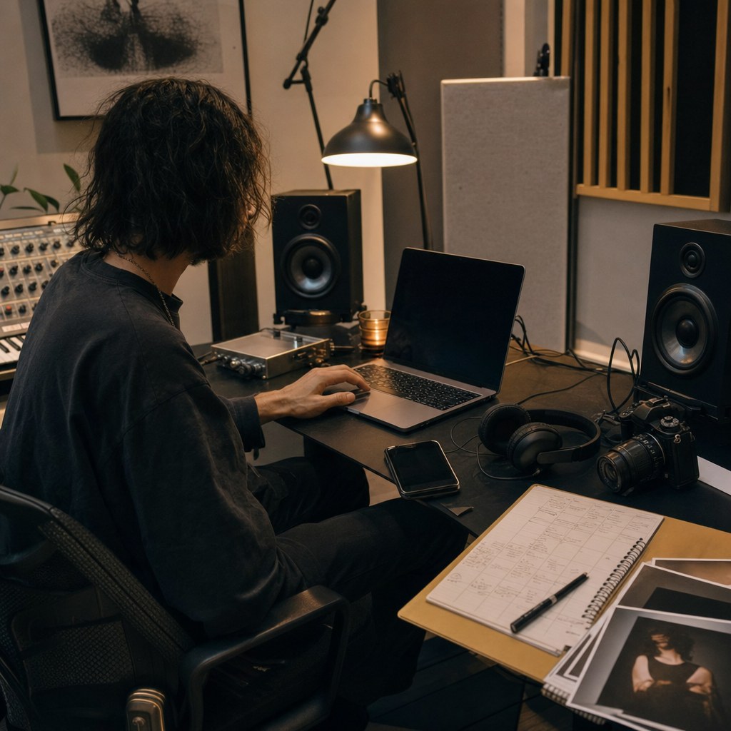 Independent musician checking release details and press-kit links in a recording studio