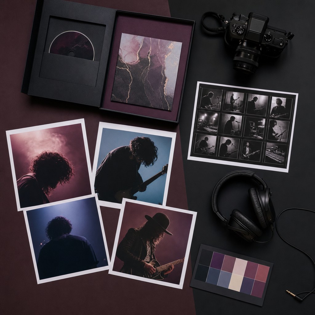 Organized artist photos, headphones, camera, and creative materials for a press kit