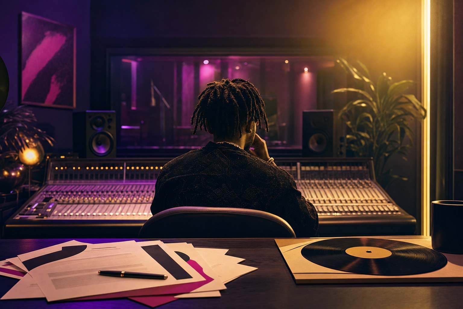 Independent artist at a recording studio mixing console with a vinyl record and music agreement papers