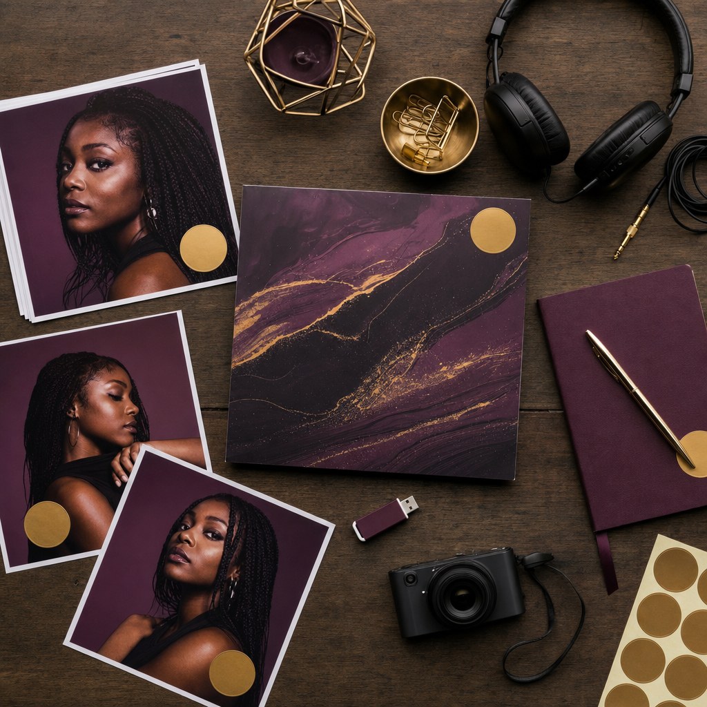 Artist photos, cover art, headphones, camera, and release materials on a studio table