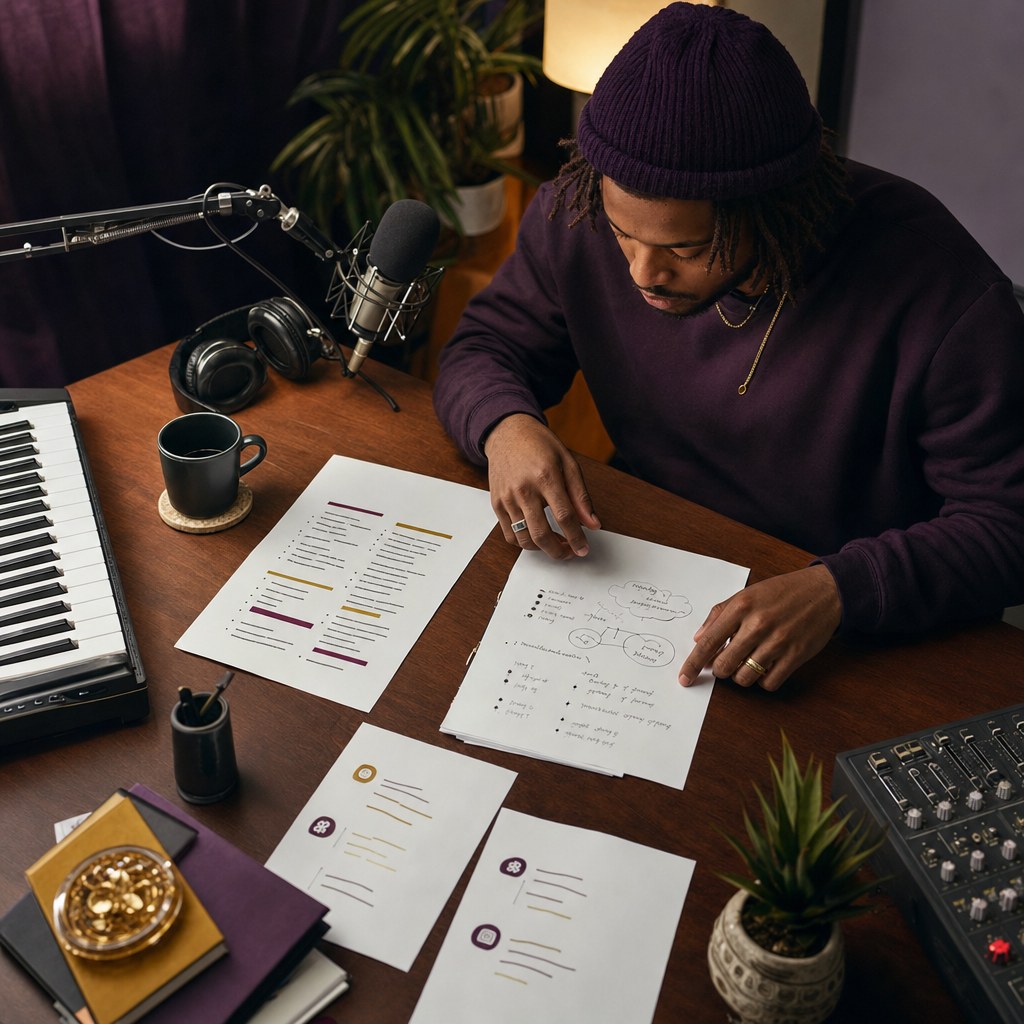 Independent artist reviewing an outreach plan and audience notes in a home studio