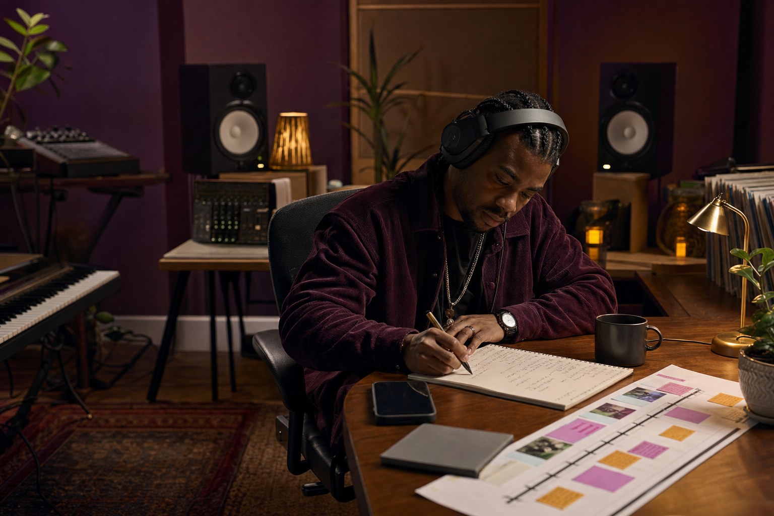 Independent recording artist planning a song release in a music studio