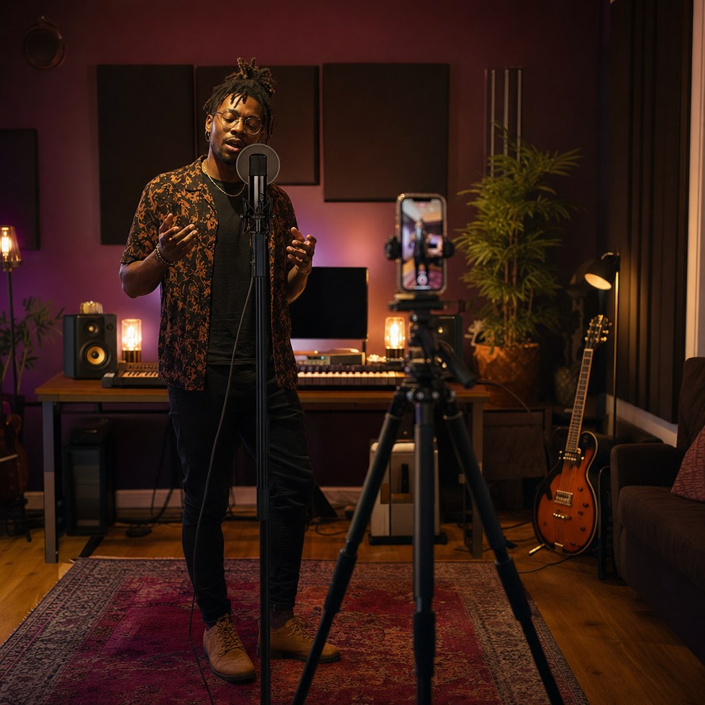 Independent musician recording a performance video in a music studio