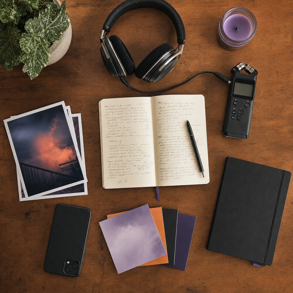 Music-promotion materials arranged on a studio desk