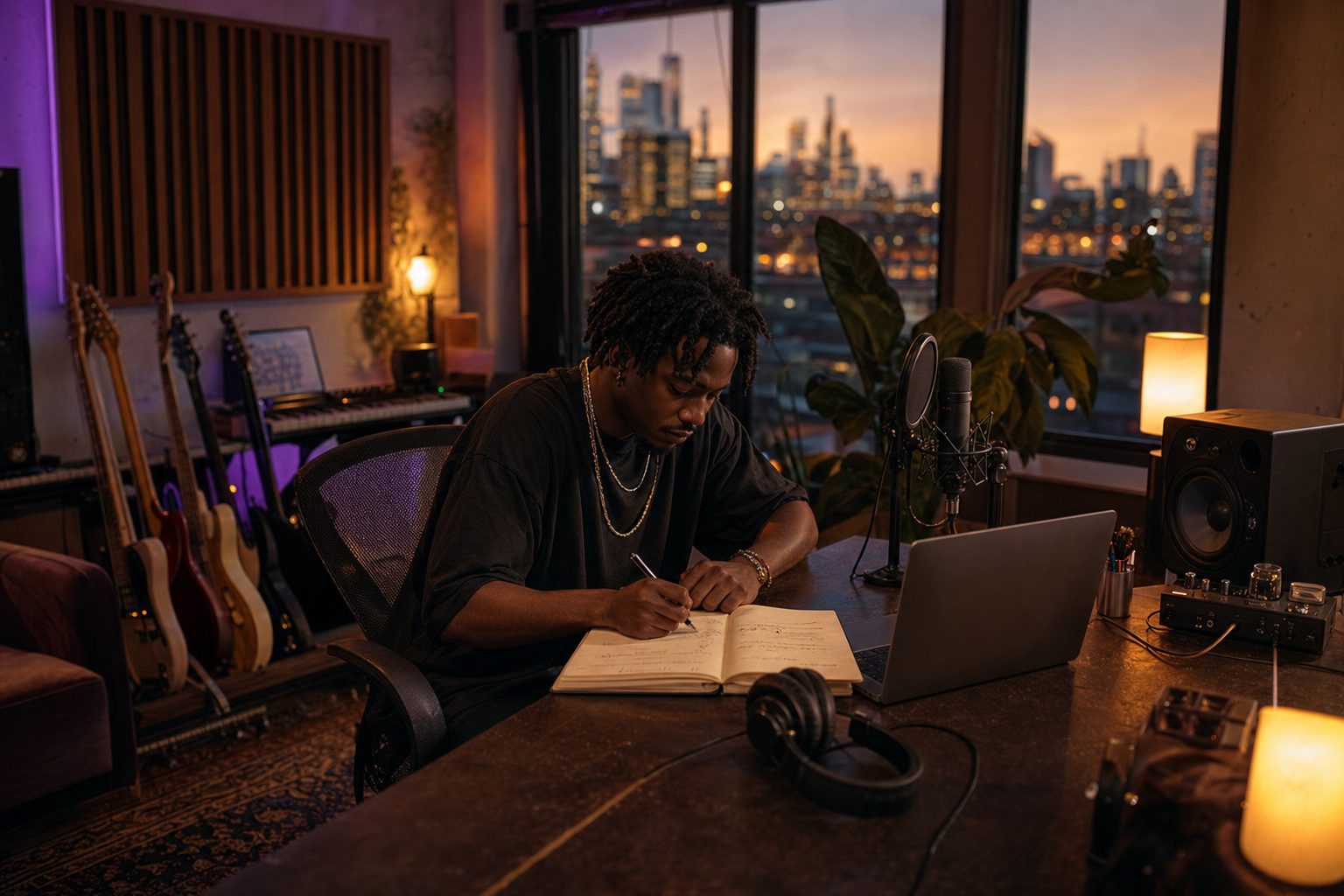 Independent recording artist planning a music-promotion strategy in a studio