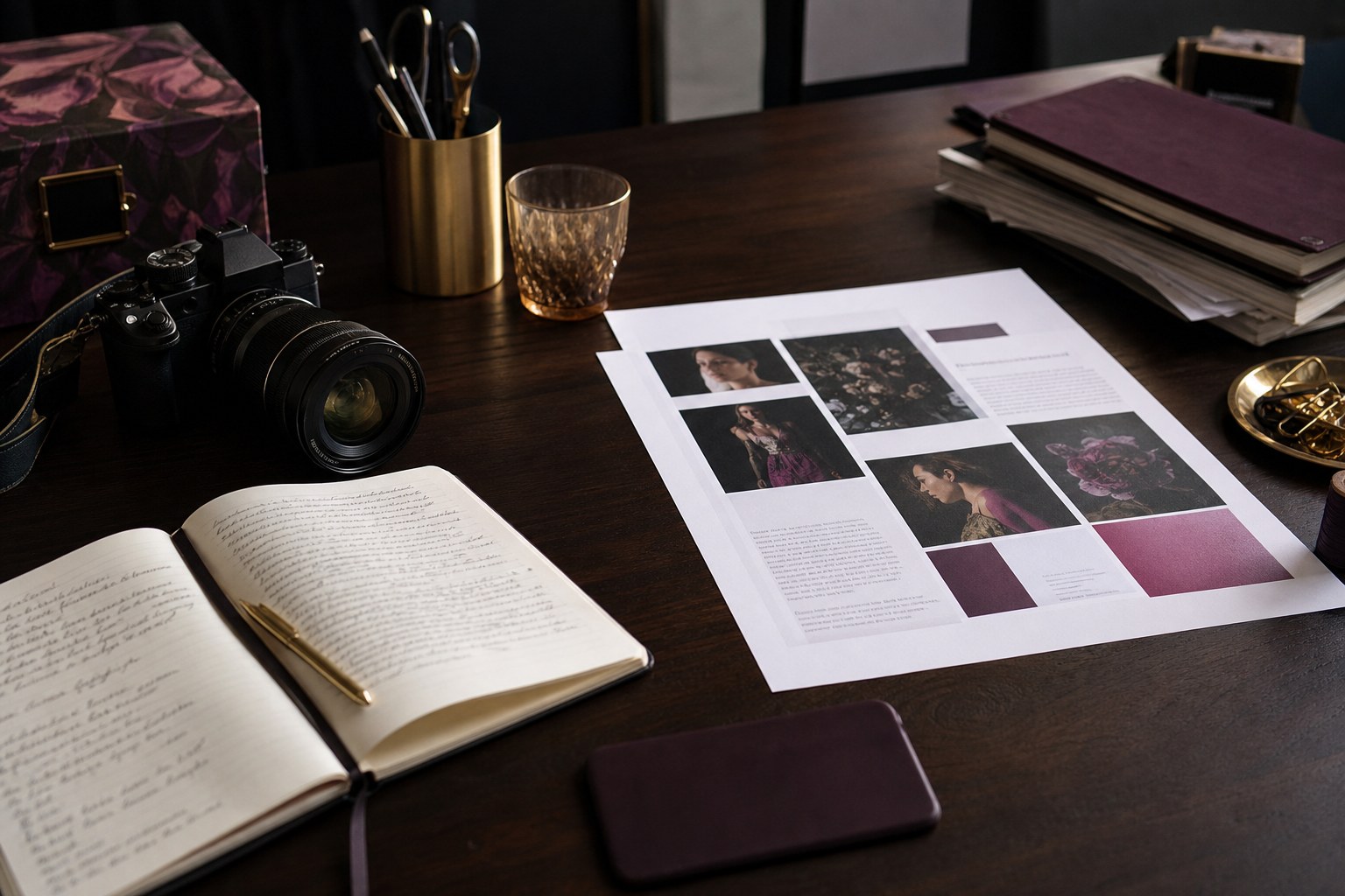 Camera, notebook, and editorial materials prepared for a media feature