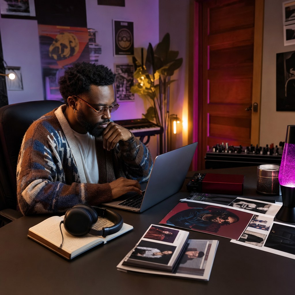 Independent artist preparing music submission materials in a home studio