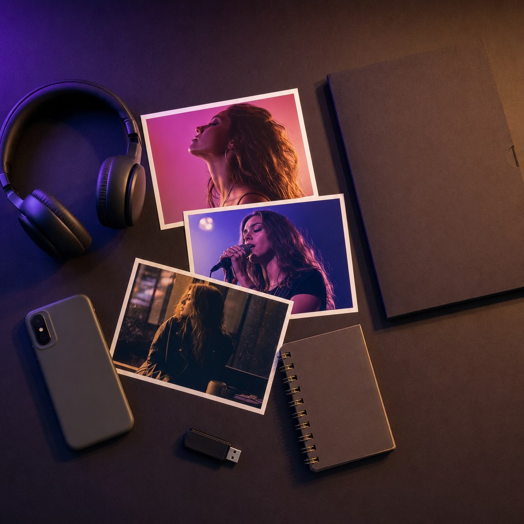 Artist photos, headphones, notebook, and folder arranged as press materials