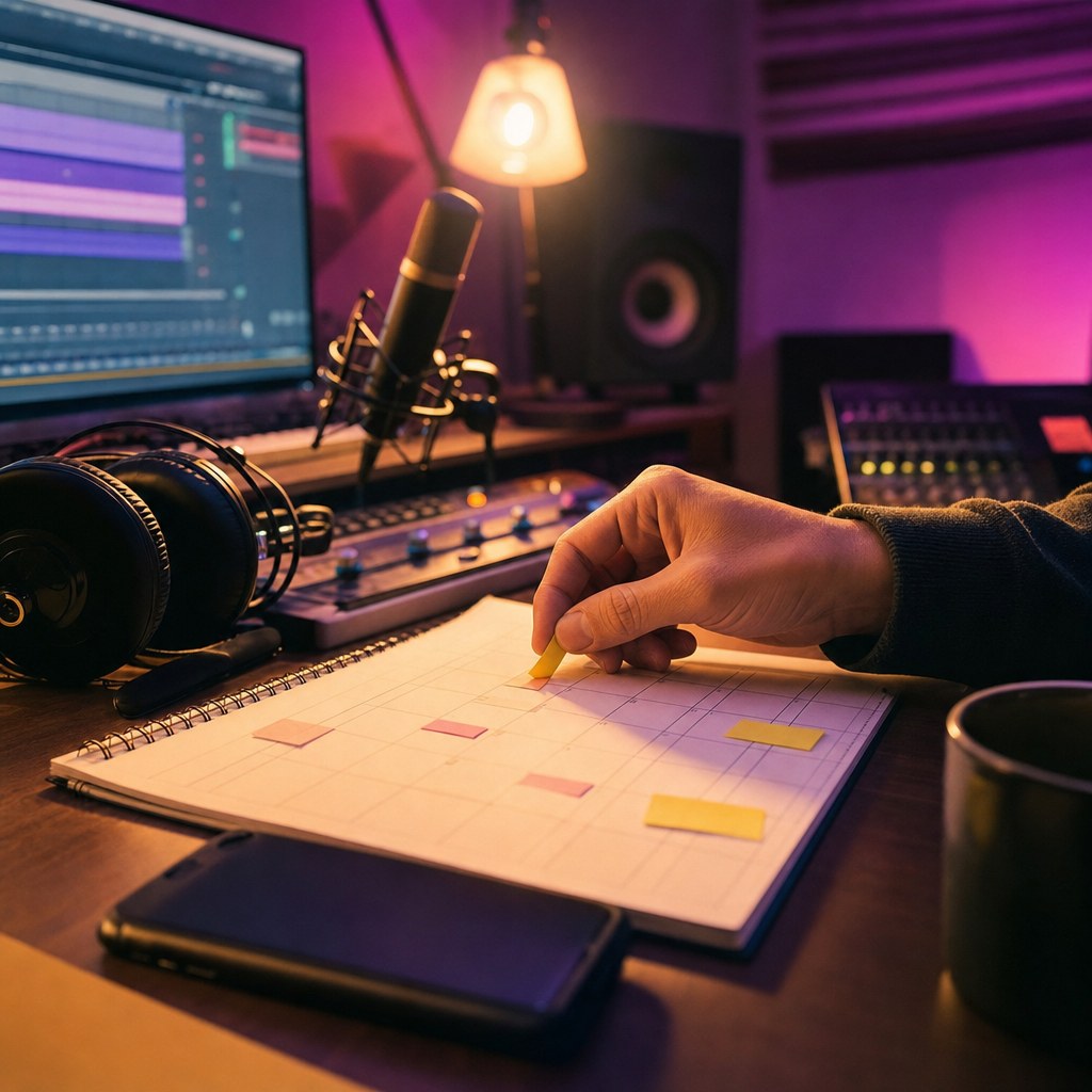 Music release plan being organized in a recording studio