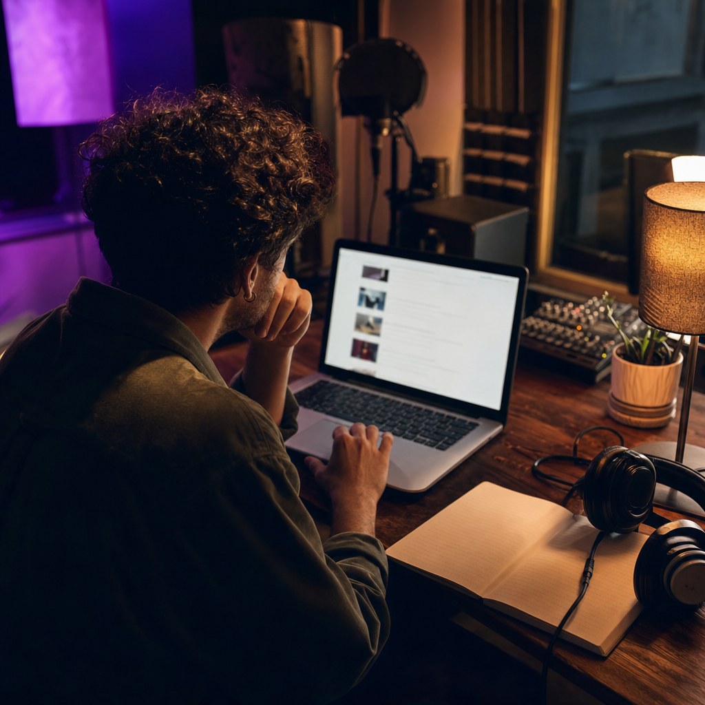 Independent artist researching music outlets in a recording studio