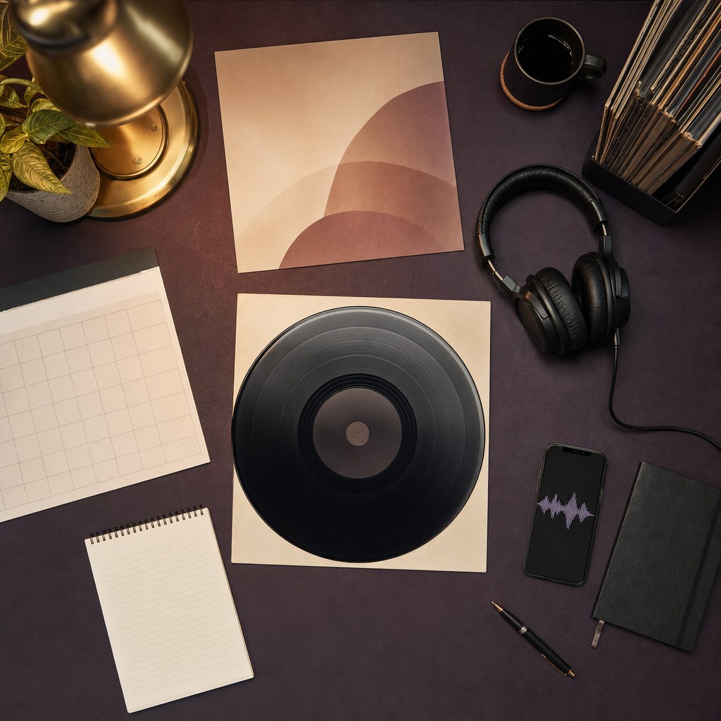 Headphones, vinyl, artwork, calendar, and notes arranged for a song release