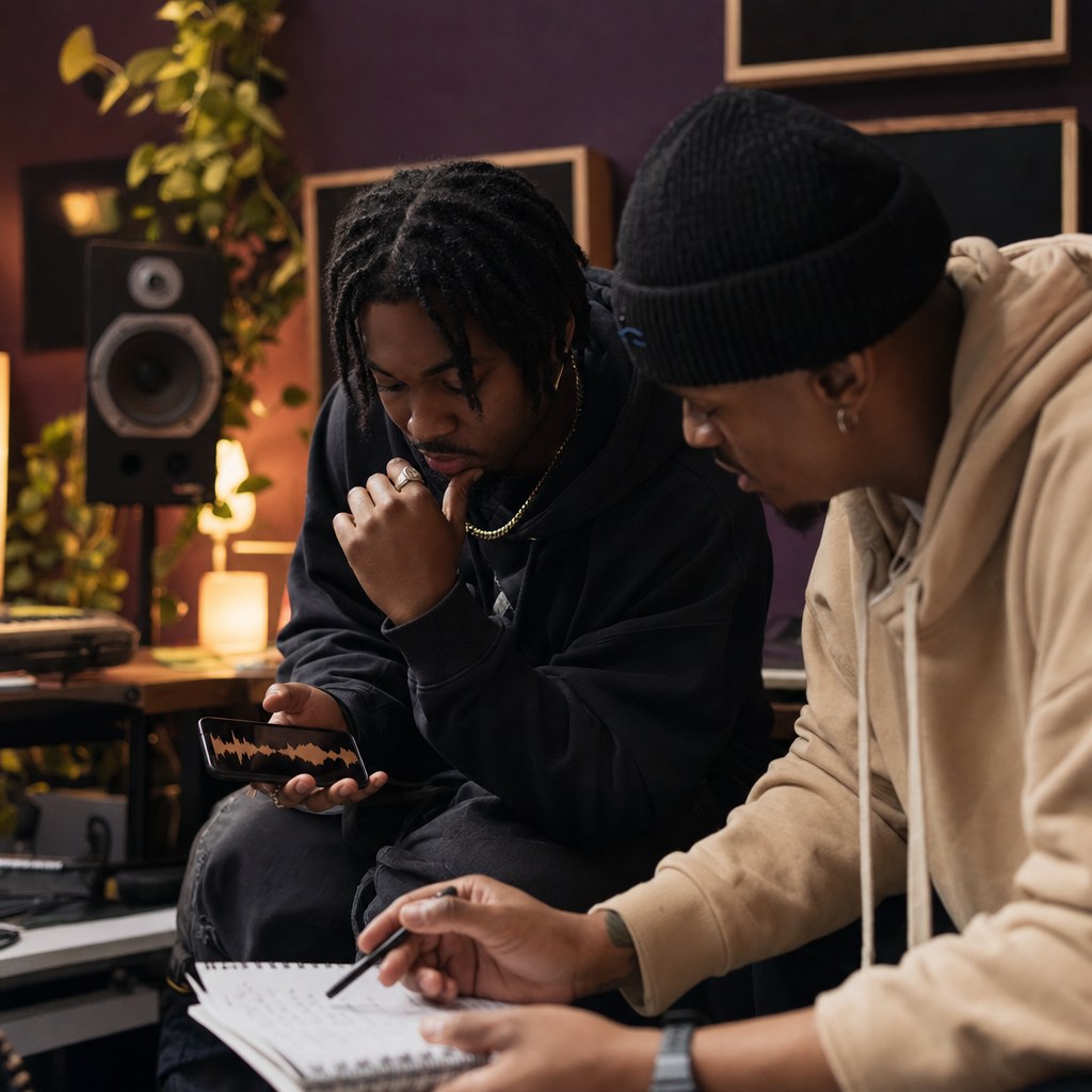 Two independent artists reviewing a newly released track in a studio