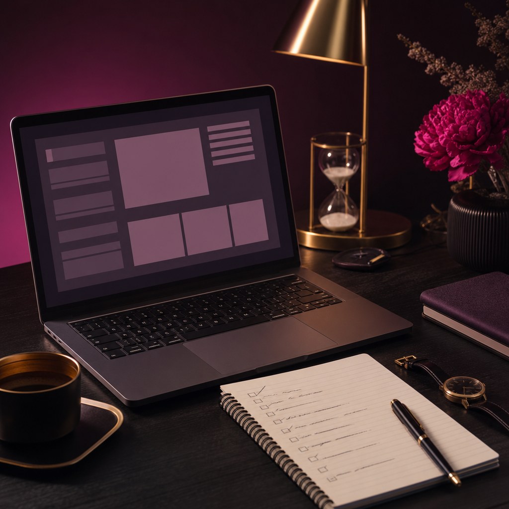 Laptop, checklist, and hourglass representing a carefully planned media pitch
