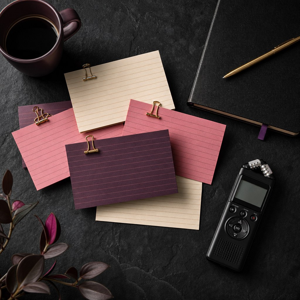 Story-planning cards, notebook, and voice recorder on a dark desk