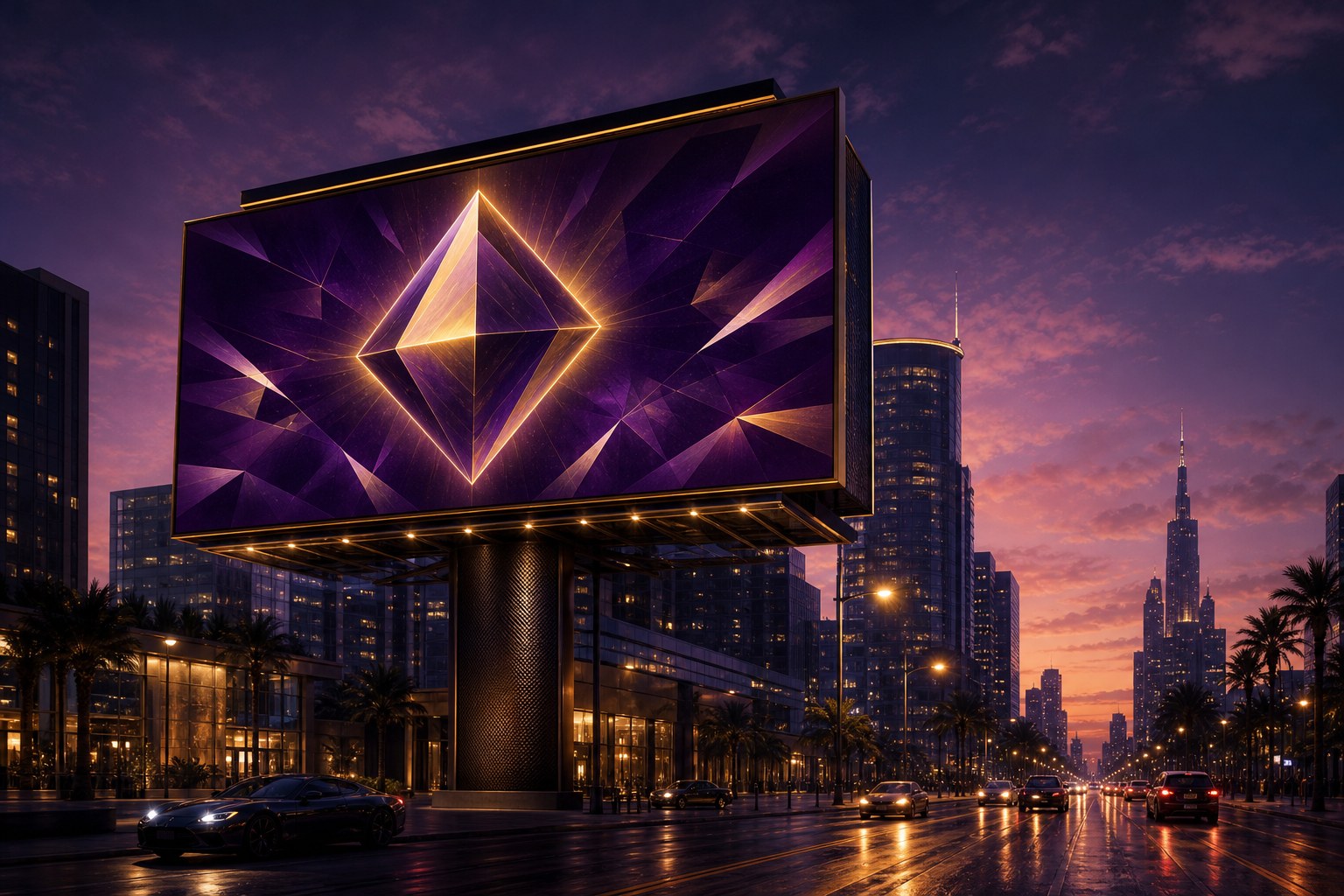 Concept illustration of a digital billboard above a city boulevard