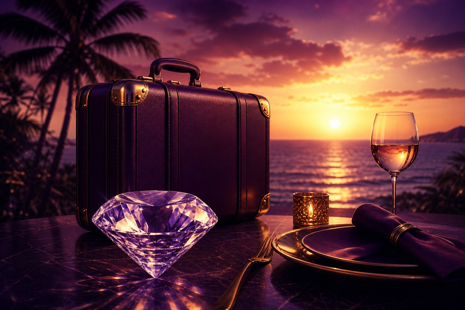 Concept illustration of a diamond, suitcase, and tropical horizon