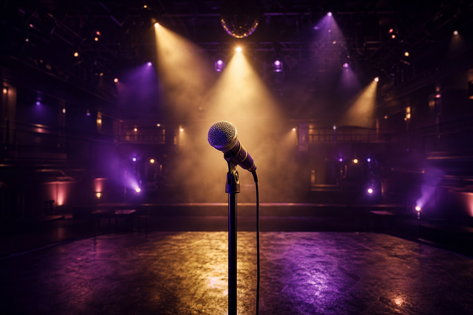 Concept illustration of a microphone under violet and gold stage lights