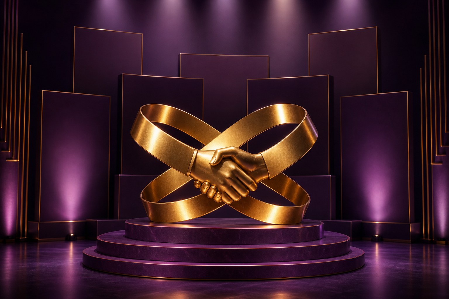 Concept illustration of interlocking gold ribbons on an event podium