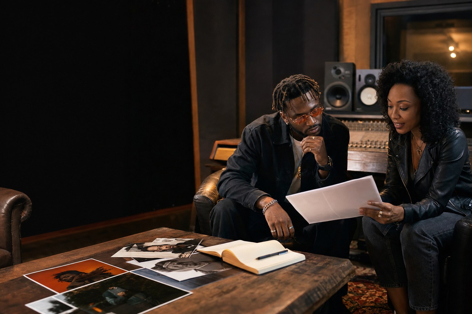 Independent artist and publicist reviewing campaign materials in a recording studio