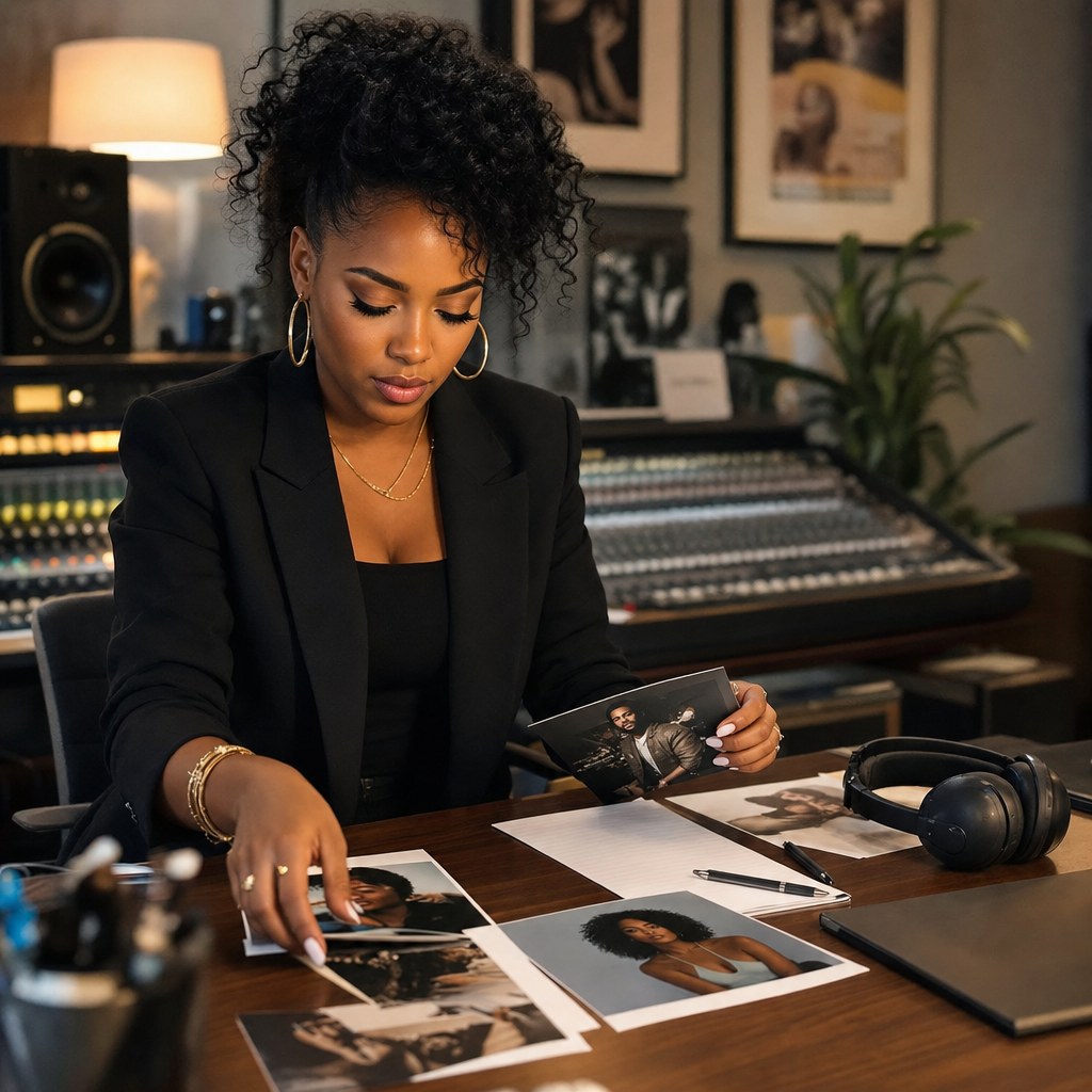 Music publicist organizing artist photos and campaign materials