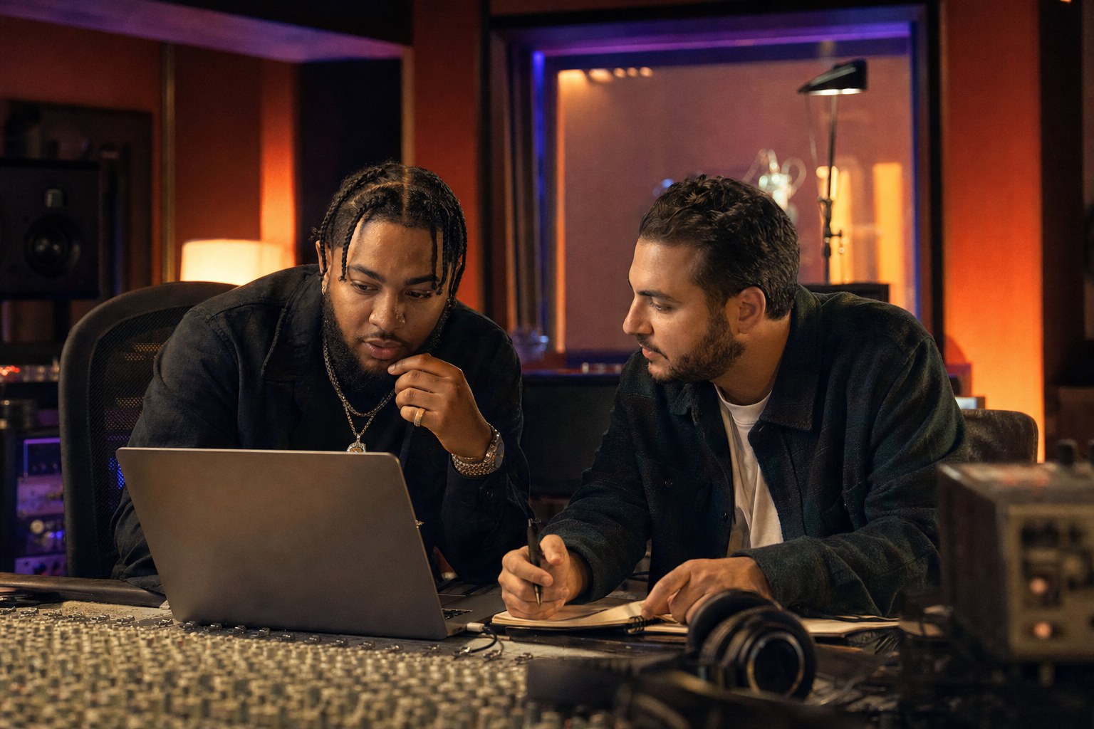 Independent artist and campaign collaborator planning a music release in a recording studio