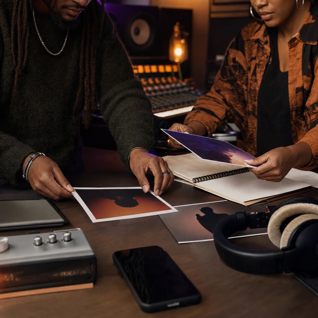 Artist and campaign partner organizing visual materials for a music release