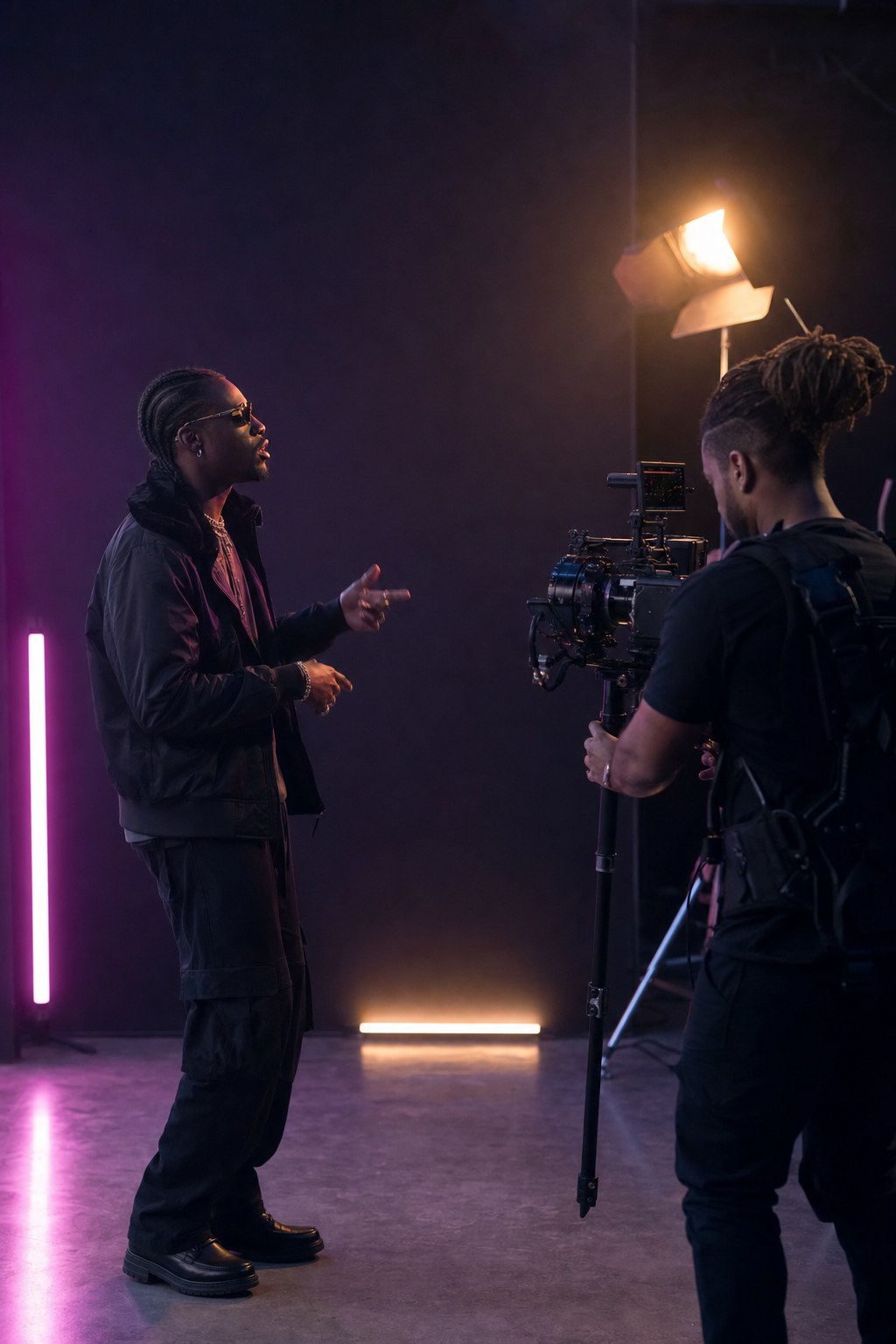 Independent music artist filming a performance video with a camera operator in a studio