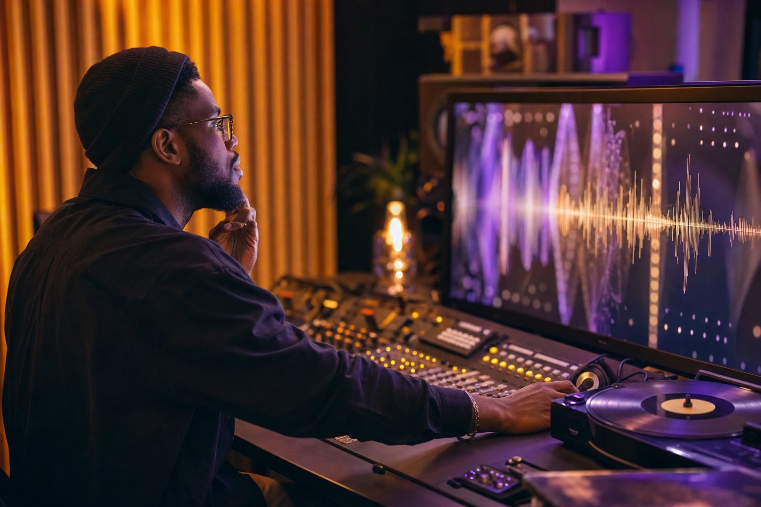 Music professional reviewing audio and music-market signals in a recording studio