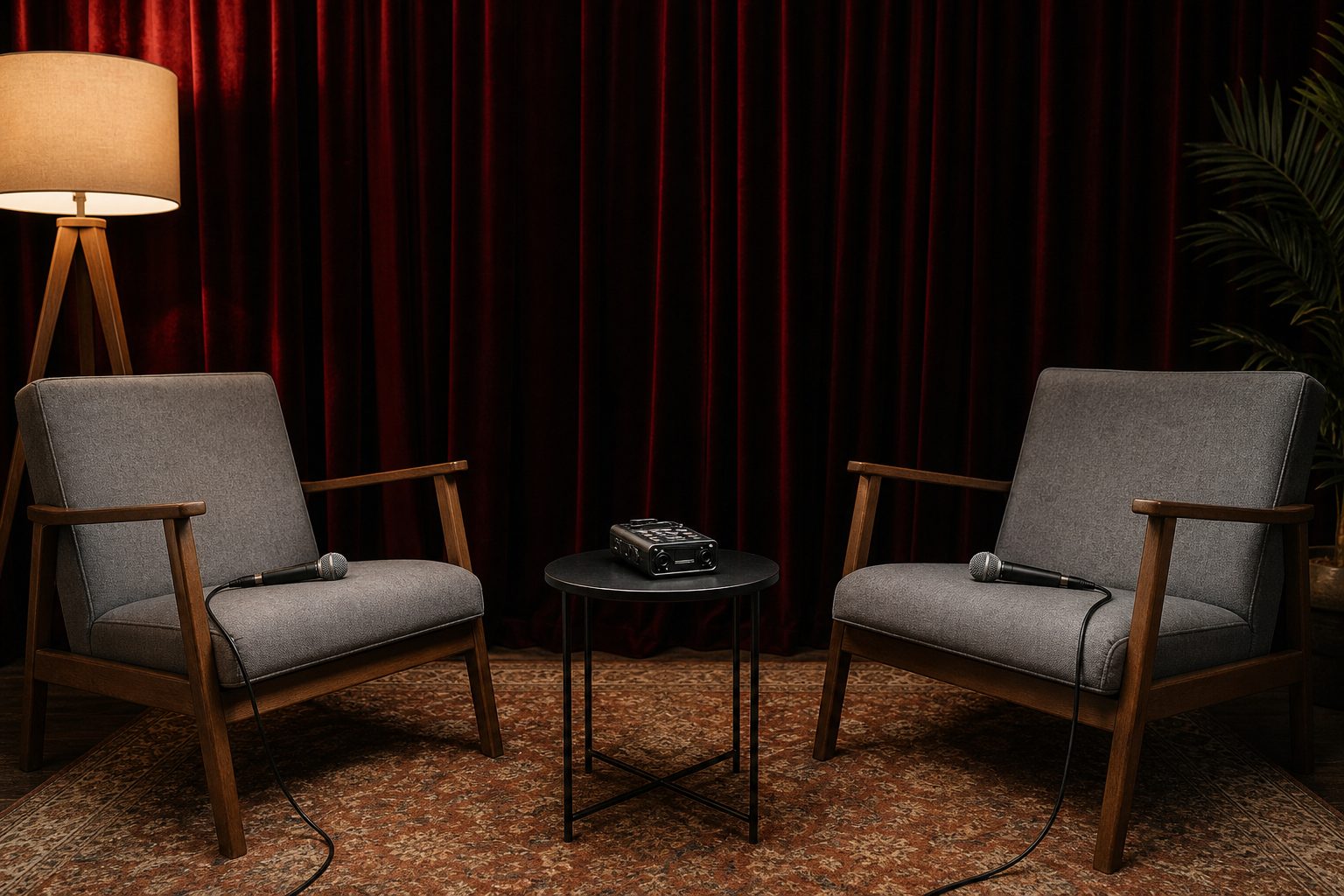 Two microphones and interview chairs in a music interview studio