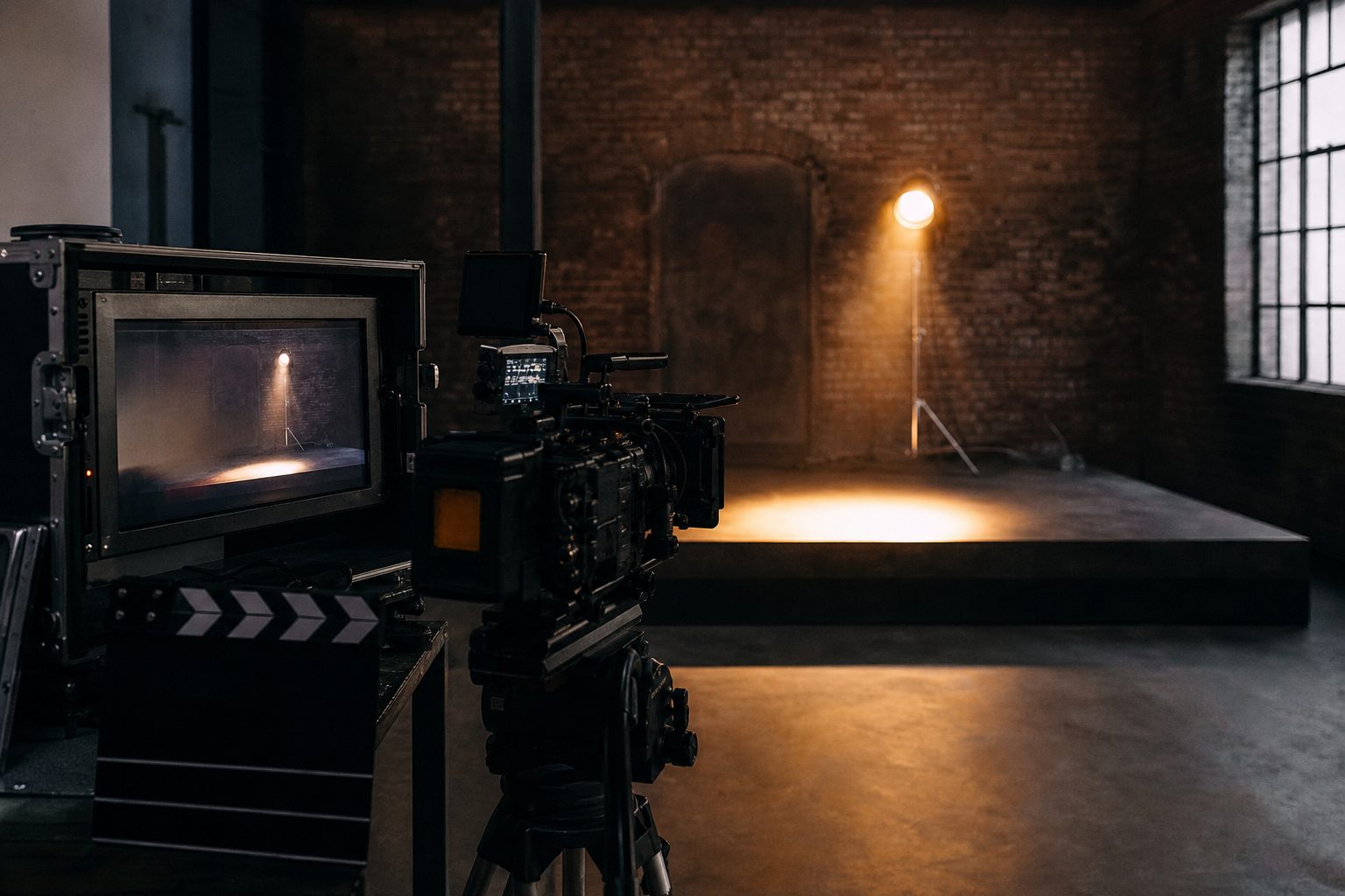 Cinema camera filming an empty spotlighted performance stage