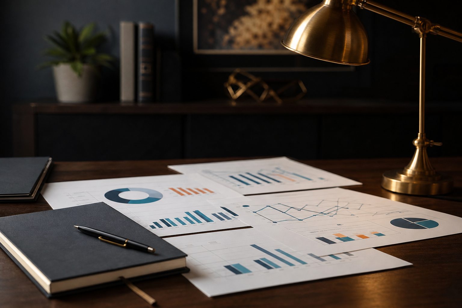Report charts and a notebook on a media business desk