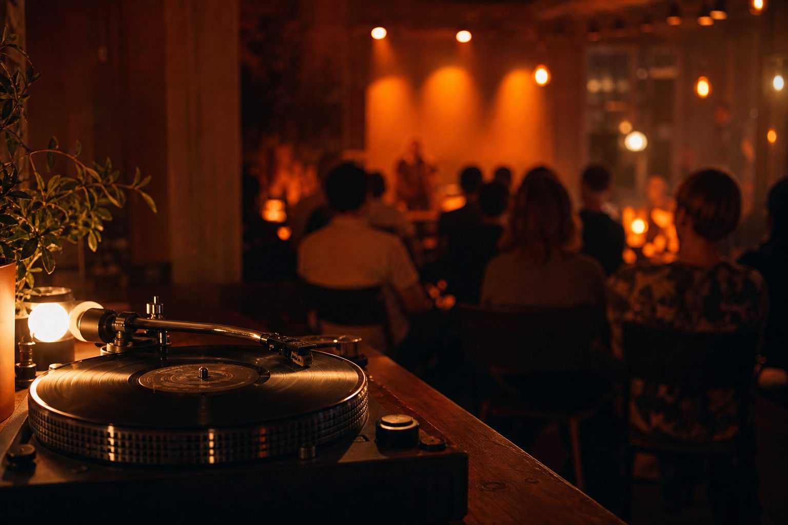 Illustrative listening event with a turntable and audience in soft focus
