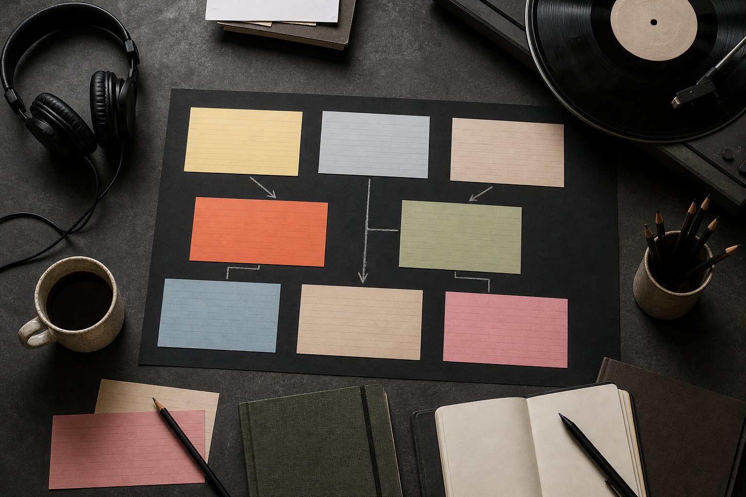 Music campaign planning cards and a vinyl record