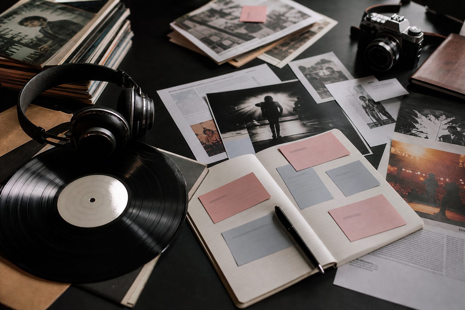 Release planning materials, headphones and music artwork on a promotion desk