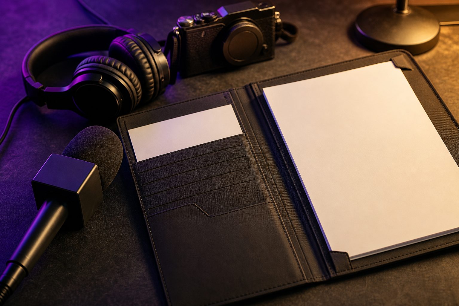 Microphone, camera and artist press kit on a publicity desk