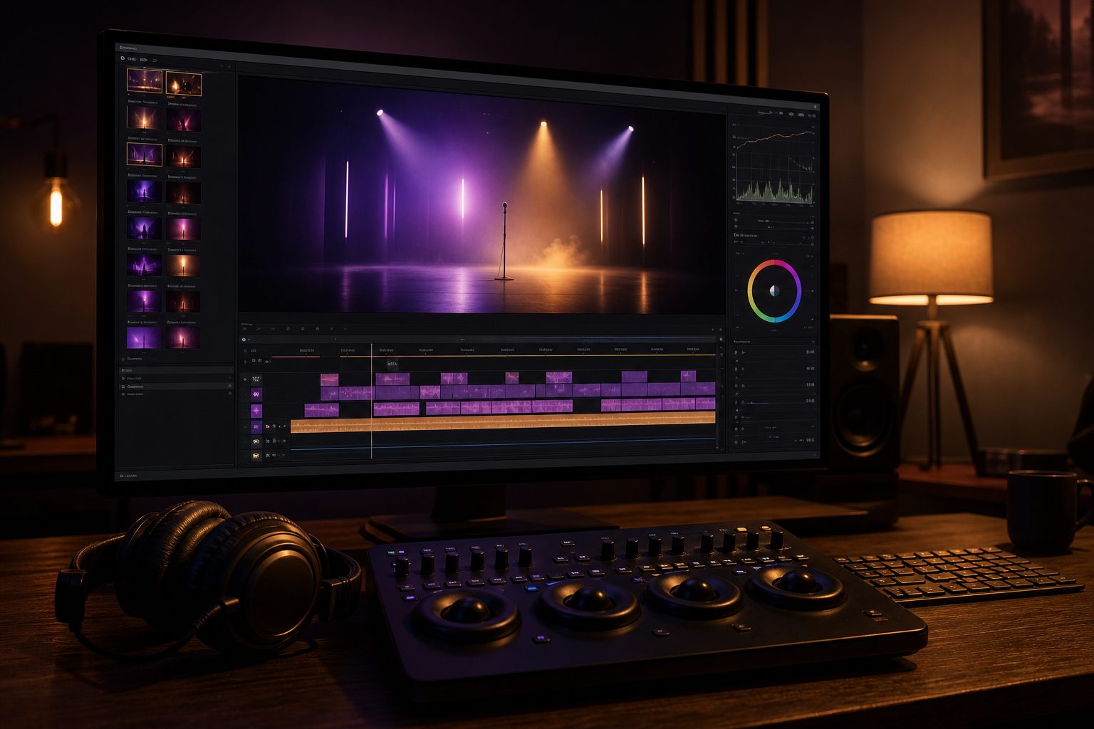 Video editing monitor and headphones in a music editing suite