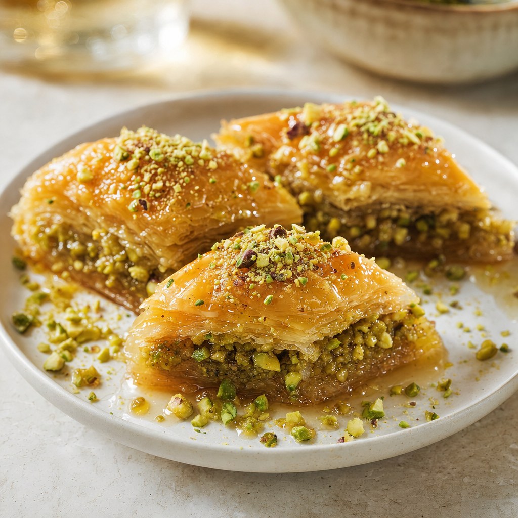 Golden baklava with layers of pastry and nuts