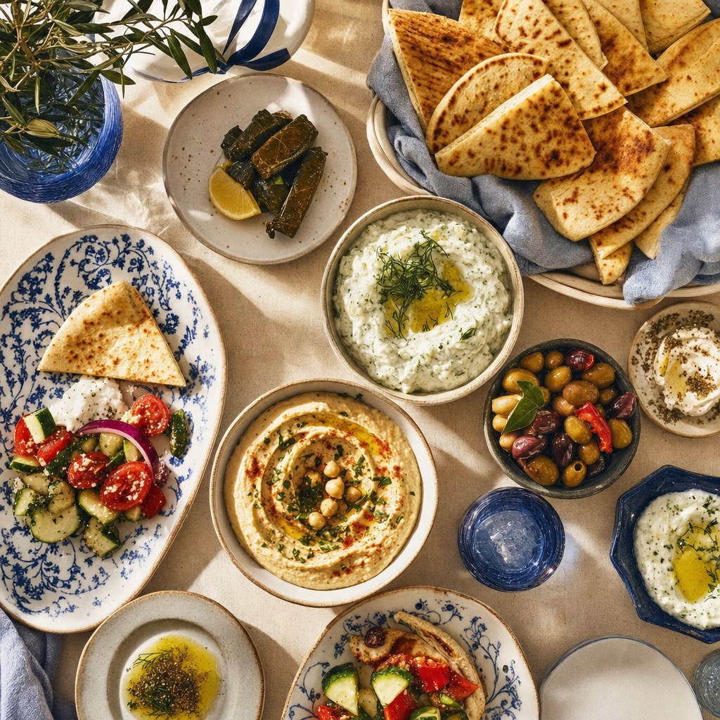 Greek mezze spread with small plates and shared dishes