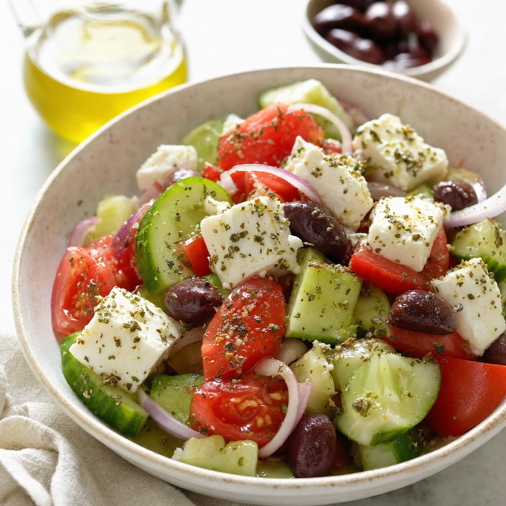 Fresh Greek salad with vegetables and feta