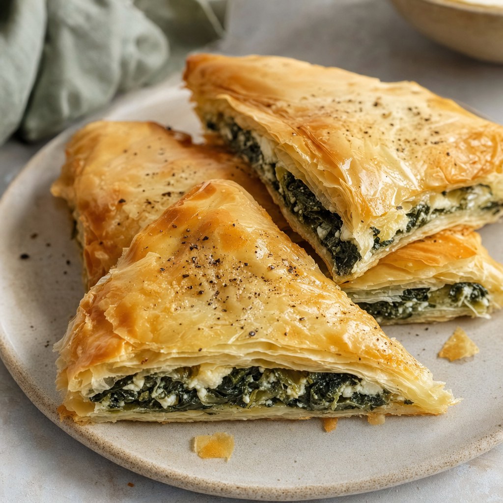 Flaky spanakopita served as a Greek appetizer