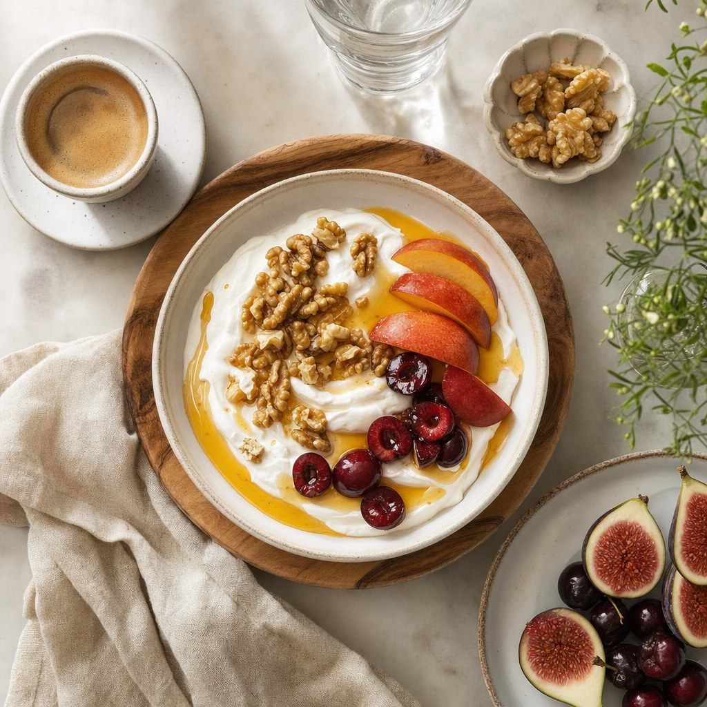 Greek yogurt with honey and walnuts served at a table