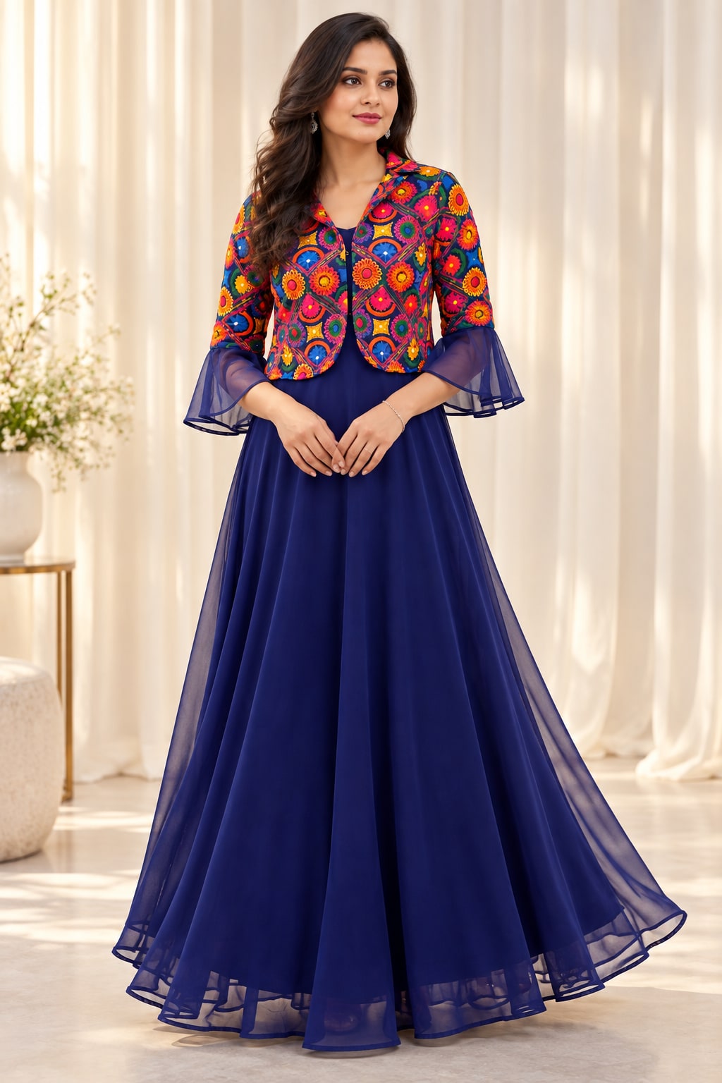 Cobalt blue gown with a vibrant embroidered jacket