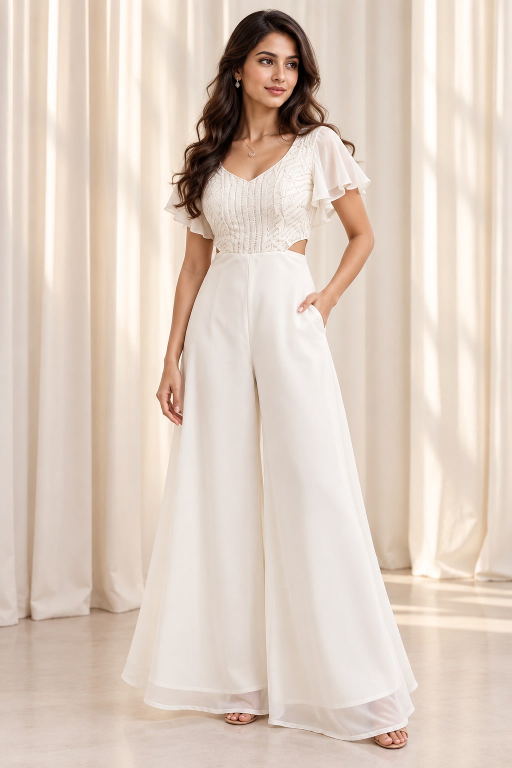 Ivory made-to-measure jumpsuit with a textured bodice
