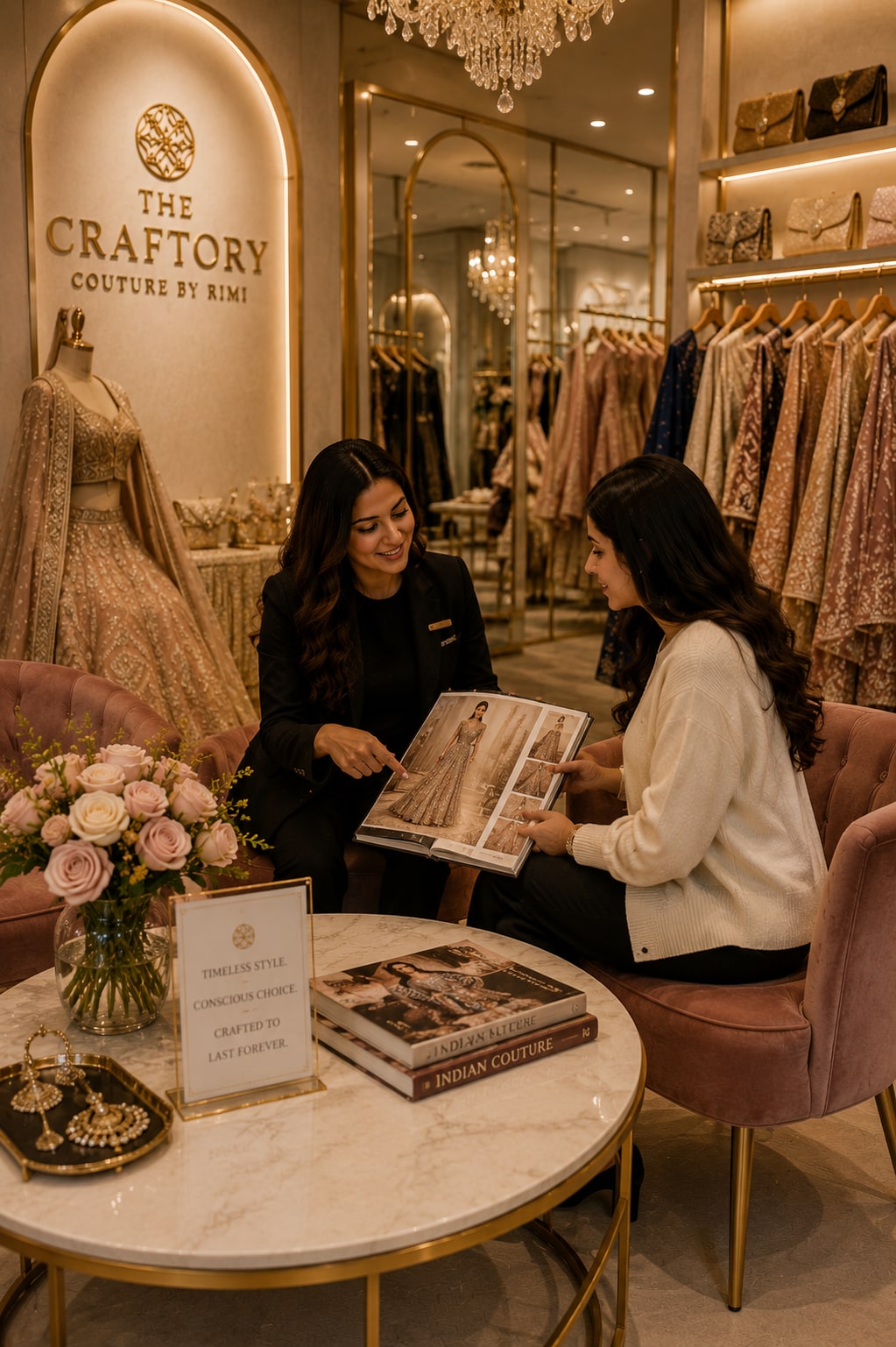 A Craftory stylist and client reviewing couture designs in the Redmond boutique