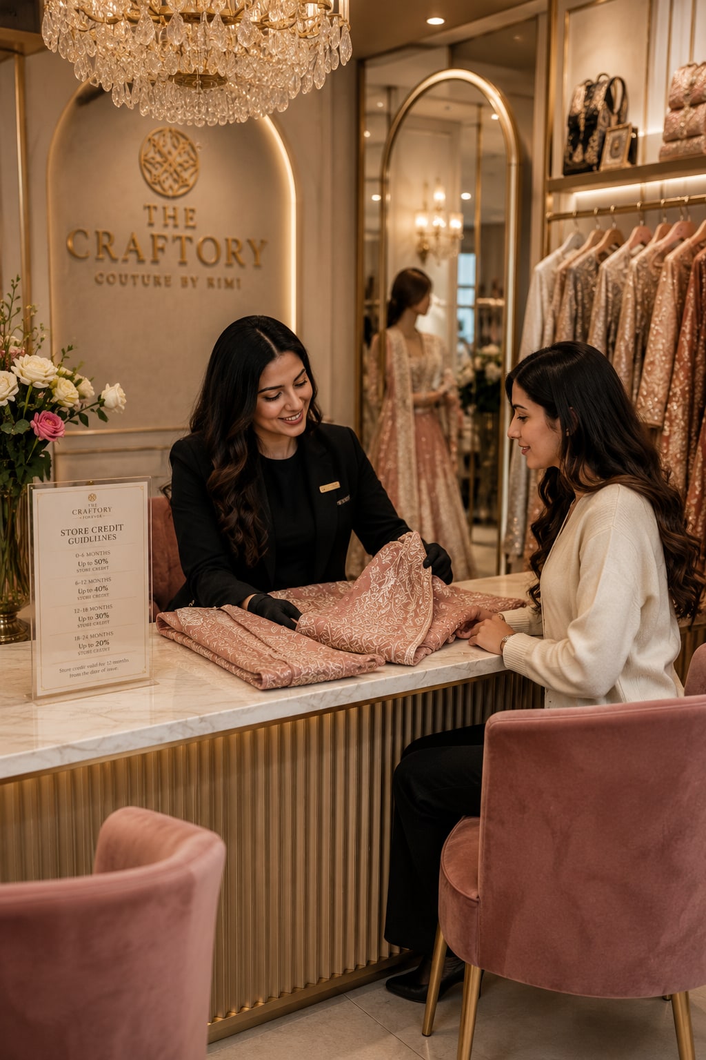 A Craftory stylist discussing an embroidered garment with a client